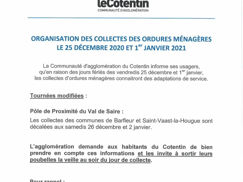 ORGANISATION DES COLLECTES DES ORDURES MÉNAGÈRES LES 25 DÉCEMBRE 2020 ET 1er JANVIER 2021